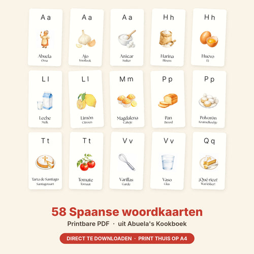 58 printbare Spaanse woordkaarten voor kinderen uit Abuela's Kookboek